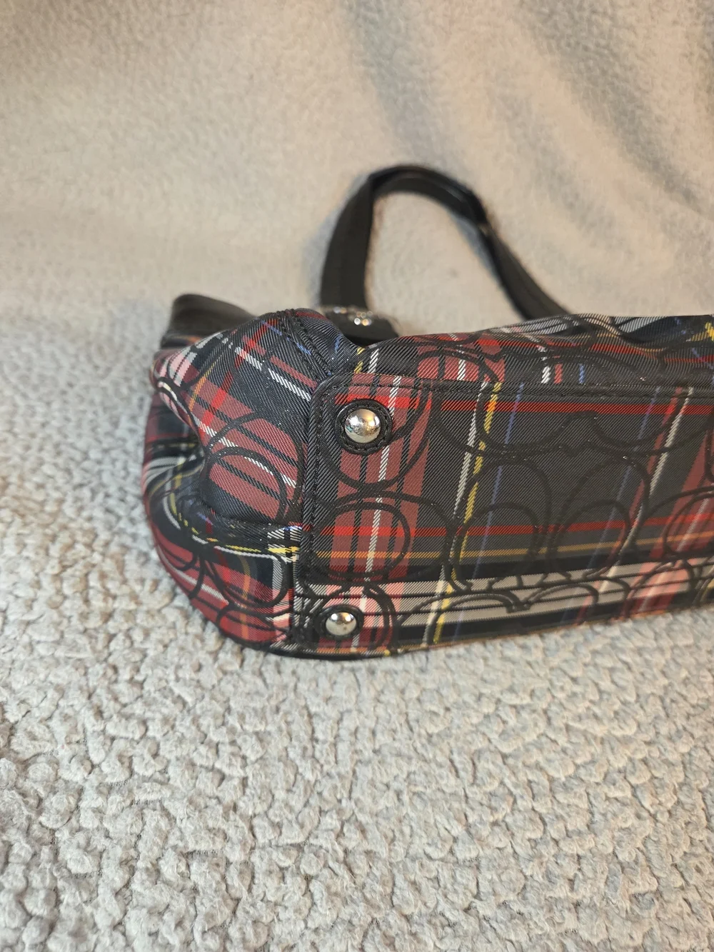 Coach Plaid Shoulder Bag with Black Trim and Red Accent